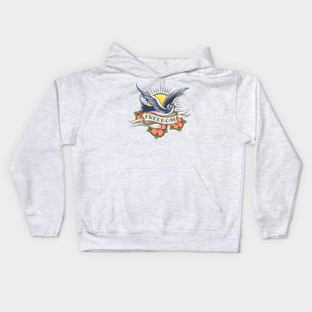 Old School Tattoo with Bird and Wording Freedom Kids Hoodie by devaleta